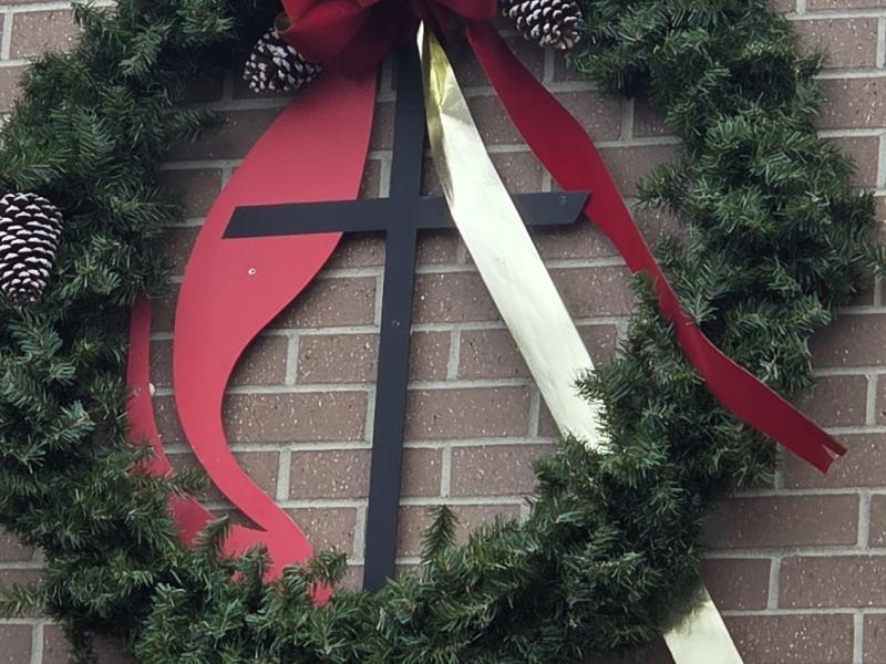 Christmas wreath on church wall